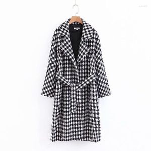 Kvinnors trenchrockar 2022 Kvinnor Winter Houndstooth Print kvinnlig mode Autumn Warm Coat Feminin Justerbar midja Slim Abrigos Mujer