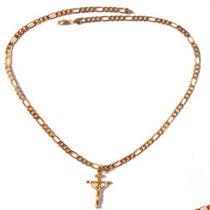 Pendant Necklaces 18K Solid Gold 4Mm Italian Figaro Link Chain Necklace Womens Mens Jesus Crucifix Cross Pendant Drop Delive Dhgarden Dhii7