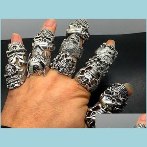 Band Rings Men Fashion 50Pcs Lots Mix Style Big Size Skl Carved Biker Sier Plated Rings Jewelry Skeleton Ring Drop Delivery Dhgarden Dhcek