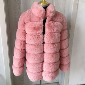 Kobiety Fur Faux Kurtka zimowa ciepła płaszcz plus stojak Pink Ladies 70cm długi rękaw puszysty 221128