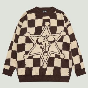Men's Sweaters Hip Hop Knitted Men Harajuku Vintage Star Gun Plaid Jumper Streetwear Casual Oversized Pullover Couple Autumn Tops 221129