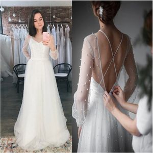 Sexy Scoop Long Sleeves Pearls Beaded A-Line Wedding Dresses Criss Cross Back Bridal Gowns Spring Robe De Mariee Beach Bride