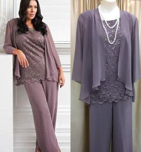 2019 Imagem real tr￪s pe￧as Mother039s Pants Suit Lace Chiffon New Fashion Purple Long Mother of the Bride Dress Wedding Par9452778