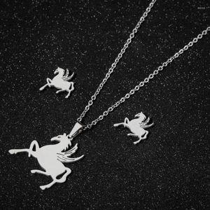 Necklace Earrings Set TULX Stainless Steel Necklaces For Women Kids Cute Animal Flying Horse Jewelry Collier Femme Wholesale