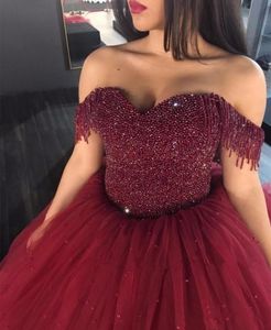 2020 Quinceanera Ball Gown Dresses Burgundy Off Shoulder Major Beading Crystal Tulle Puffy Sweet 16 Sweetheart Party Prom Evening 4592923