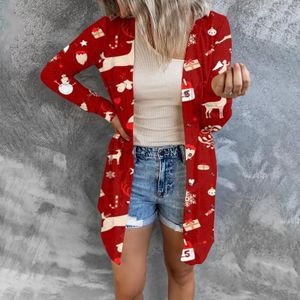 Wo Women Christmas Print Open Front Lightweight Cardigan Long Sleeve Outwear 221129