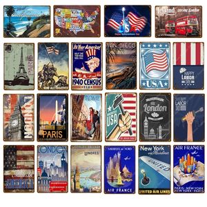 USA Map Metal målning London Paris Rom Metal Signs Country Plack för pubbar klubbcaférum hem dekoration vägg klistermärken 20cmx30 cm woo