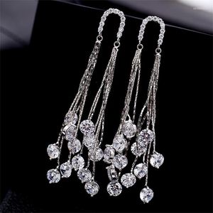 Studörhängen ädla Tassel Style Micro Cubic Zirconia asfalterade Long Big Dingle Evening Party For Women Wedding Jewelry Silver Needle
