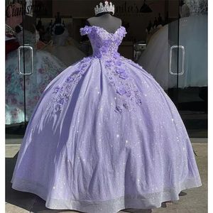 Oszałamiająca liliowa suknia balowa sukienki Quinceanera 3D Kulki koraliki koronkowe dolne podłogę długość Promowa suknie