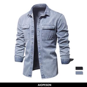 Camicie casual da uomo AIOPESON 100 cotone denim tinta unita manica lunga spessa per jeans primaverili di alta qualità uomo 221128