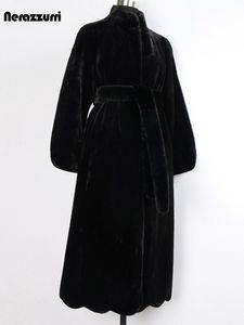 Kobiety FUR FUAX NERAZZURRI DŁUGO Puszysty, ciepły miękki czarny płaszcz Kobiety Pasek Zimowe ubrania Linia ścinana norek 5xl 6xl 7xl 221128