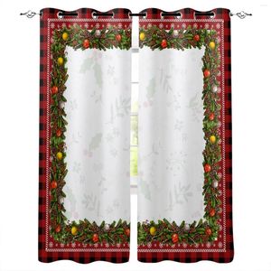 Curtain Christmas Balls Berries Pine Cones Red Plaid Curtains For Living Room Bedroom Decorative Window Treatment Drapes