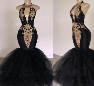 Black Prom Dresses with Gold Appliqued Mermaid South Africa Formal Evening Dress Halter Neck Sweep Train Occasion Party Dresses 106701649