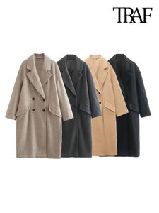 Misto lana da donna TRAF Cappotto di lana doppiopetto oversize moda donna Cappotto di lana vintage a maniche lunghe con tasche con patta Capispalla femminile Cappotto chic 221128