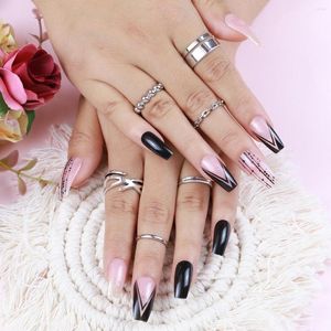 False Nails Western French Style Coffin Shape Full Cover Pre Glue Artificial Fake Design Women