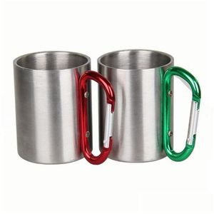 Mugs In Stock Wholesale 220Ml Outdoor Stainless Steel Coffee Mug Travel Cam Cup Carabiner Aluminium Hook Double Wall Camp Equipment Dh6Om