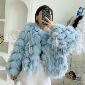 Women Sur Fal Faux Luxo Outono Inverno 3d Hairball Chequeiro Capata Finged Jaqueta Mink Tassels Coat Ry Cardigan Tops 221128