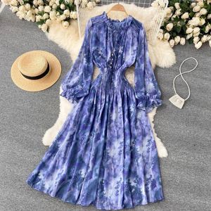 Casual Dresses Autumn Women Blue/Red/Black Printed Party Dress Bohemian Puff Long Sleeve High midje Ruffle Collar Midi Robe Female Vestidos