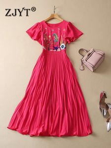 Runway Designer Embroidery Summer Dress for Women 2023 Elegant Short Sleeve Midi Pleated Holiday Vestidos Fashion Casual