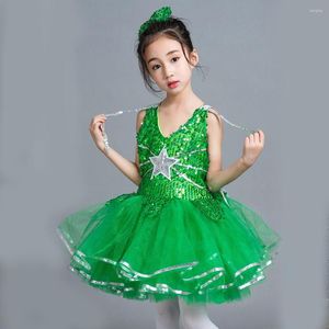 Stage Wear Girls Green Sequins Pettiskirt Princess Dancing Dress Show Salsa Cha Samba Tango Ballroom Latin For Kids Ballet Tutu