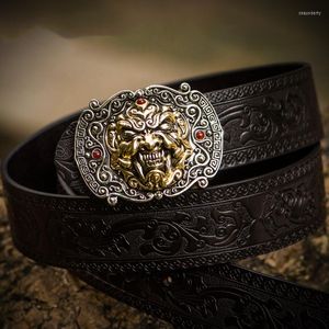 Belts Genuine Leather Strap Male For Men Women Cowhide Vintage Snow Lion Copper Buckle Belt Carving Vines