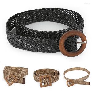 Belts Free Delivery Retro Bohemian Wide Belt Round Square Wooden Buckle Wild Woven Linen Women's Fake Straw