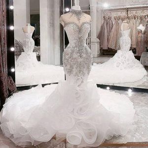 Mermaid Wedding Dresses Arabic Illusion High Neck Crystal Beads Ruffles Tiered Organza Cap Sleeves Plus Size Custom Bridal Gowns Hollow Back 403