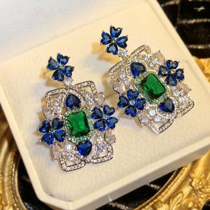 Dangle Earrings Lake Blue Crystal Zircon Heart Shaped Fashion Luxury Flower Square For Women Exaggerated High End Style Jewelry