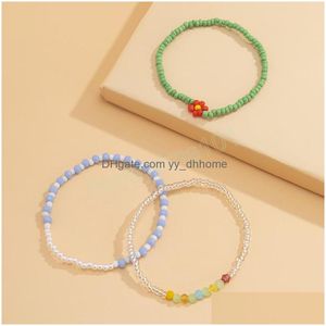 Charm Bracelets 3Pcs Bohemia Colorf Small Beads Bracelets Set para mujer Flower Charm Fashion Summer Elasticity Hand Jewelry Drop Deli Dhjpn