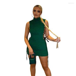 Casual Dresses Sexy Solid Stunning Stacked Mini Dress Women Summer Mock Neck Sleeveless Draw String Bodycon Party Clubwear Elegant Female