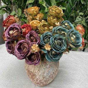 Fiori decorativi 2 pezzi multicolore 9 teste Artificiale Tea Rose Camelia Simulazione Fiore Pianta verde Decorazione per vacanze di nozze