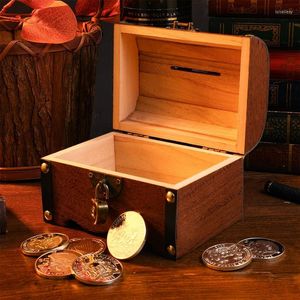 Jewelry Pouches VORCOOL Vintage Treasure Storage Box Piggy Bank Organizer Wooden Chest Decorative Wood Trunk With Lock