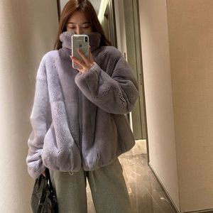 Women s Fur Faux Rex rabbit fur autumn and winter jacket women Korean version ins loose stand collar fashion furry coat lazy warm zipper jackets 221128