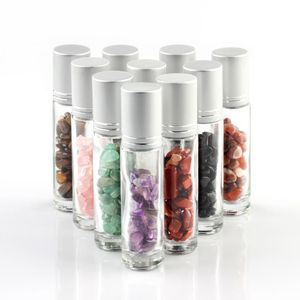 12pcs Refillable Liquids Glass Essential Oil Perfume Bottles Natural Stone Roller Ball Irrgular Crystal Chips For Reiki Healing