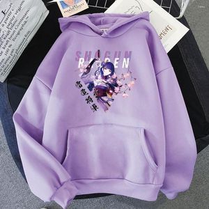 Мужские толстовины смешное аниме геншин воздействие Raiden Shogun Cool Women Fashion Cartoon Cartoon Winter Long -Relave Casual негабаритная мужская толстовка