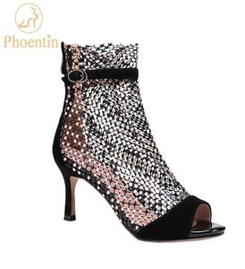 Phoentin crystal mesh summer boots ladies sexy zipper boot sandals peep toe booties high heels buckle women shoes black LJ2010301679417