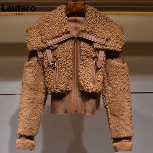 Kobiety FUR FUAX LAUTARO Winter Warm Gruby Patchwork Płaszcz Kobiety Długie rękawowe zamek skręcony kołnierz Stylowa puszysta kurtka Moda 221128