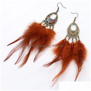 Dangle Chandelier Ethnic Brown Long Feather Earrings For Women Retro Hollow Alloy Water Drop Dangle Earring Bijoux Bohemian Jewelr Dhonk