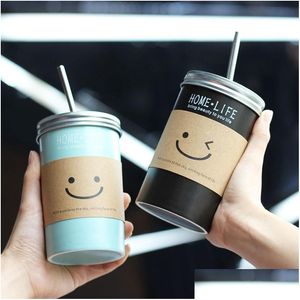 Mugs 480Ml Smile Face Korea Creative St Glass Mug Insation Cup Ceramic Mason A Bottle Of Juice Summer Cups 20211221 Drop Delivery Ho Dhkox