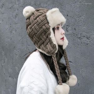 Berets Winter Earflaps Hat Women Fleece Lining Thick Cable Knit Peruvian Beanie With Faux Fur Pompom Snow Ski Cap Bomber Trapper on Sale