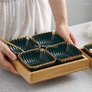Plates Green Gold Rim Ceramic Dish Fruits Platter Creative Porcelain Snack Dessert Plate Natural Bamboo Serving Tray Holder Tableware