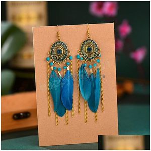 Dangle Chandelier Womens Ethnic Boho Long Feather Earrings Bijoux Summer Vintage Gold Alloy Chain Tassel Dangle Drop Delivery Jewel Dhugm