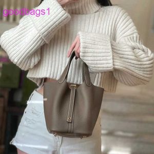 Picotin Lock bag for women online shop Classic lady light luxury vegetable basket bucket lychee grain top layer cowhide hand
