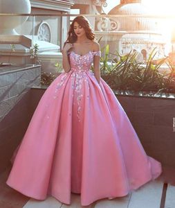 Glamorous Satin Ball Gown Prom Dresses Floral Applique Off Shoulder Sleeveless Formal Party Dress Custom Made Couture Evening Dres8426993