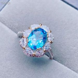 Cluster-Ringe, natürlicher und echter blauer Topas, Fingerring aus 925er-Sterlingsilber, Luxus-Stil