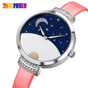 Wristwatches Skmei Elegant Leather Watch For Women Starry Sky Fan Patterned Dial Design Waterproof Ladies Crystal Quartz
