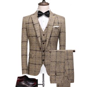 Erkek Suit Blazers ceket pantolonu yelek İngiliz tarzı ince fit ekose büyük boy 5xl düğün damat yüksek uç 3 parça set ceket pantolon 221128