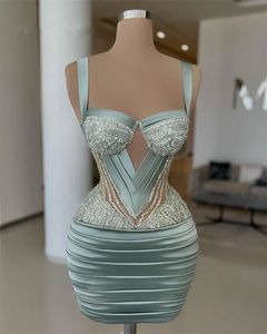 Pale Blue Short Prom dresses Spaghetti Sweetheart Gillter Beaded Mermaid Mini Cocktail Evening Reception Birthday Dress gown