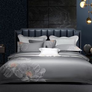 Yatak takımları 1000tc uzun zımba pamuklu şık nakış çiçek açan çiçek sanat gri set çift kraliçe kral 4pcs yatak sac yastık 221129