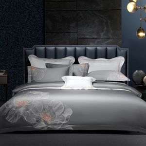 Set di biancheria da letto 1000TC Long Staple Cotton Chic ricamo Blooming Flower Art Grey set Double Queen King 4Pcs con federe per lenzuola 221129